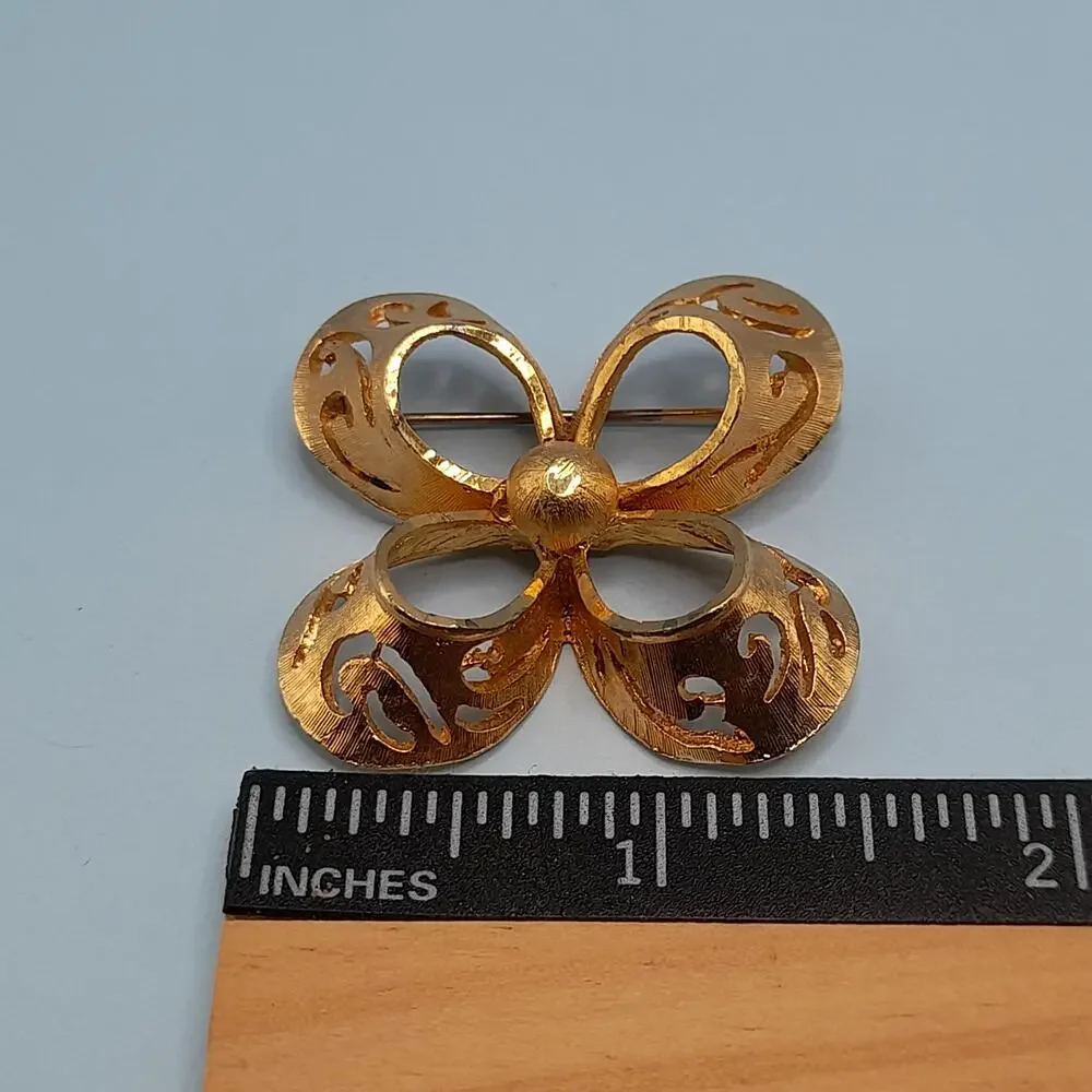 Vintage BSK Bow Brooch, Openwork Gold Tone Metal Pin - 1 1/2 Inches